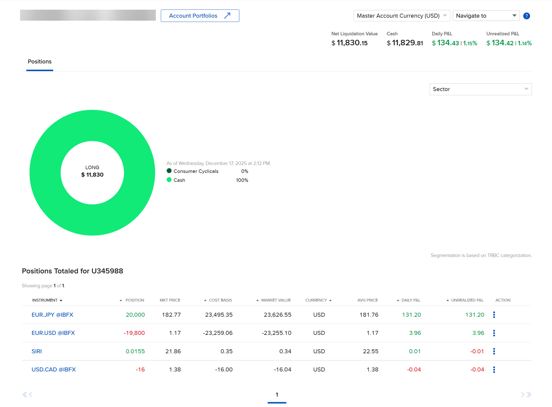 The book of business positions page in portal. 